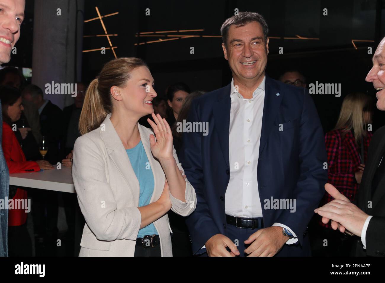 Munich, Germany . 17th Apr, 2023. Munich, Germany, 17. April 2023; Judith GERLACH, Minister of State for digital development and Dr. Markus SOEDER, SÖDER, Bayerischer Ministerpräsident, German politician serving as Minister-President of Bavaria since 2018 and Leader of the Christian Social Union in Bavaria (CSU), seen during the VIP Opening at the DISNEY 100 Exhibition entertainment event held at the small Olympia hall in Munich Germany on 17. April 2023. picture and copyright Arthur THILL/ATP images (THILL Arthur/ATP/SPP) Credit: SPP Sport Press Photo. /Alamy Live News Stock Photo