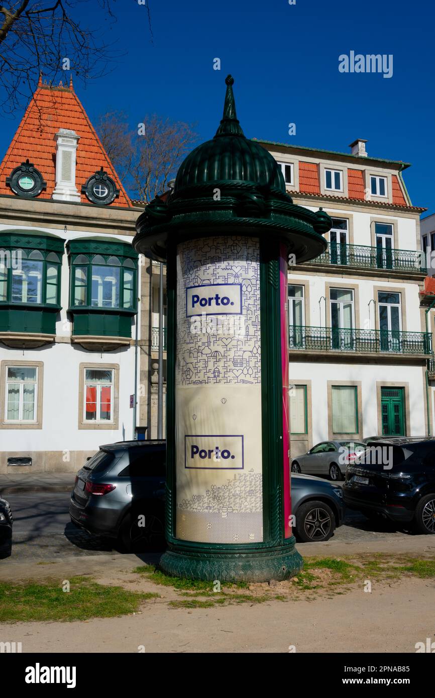Oporto, Portugal. February 15, 2023. Advertising column with Oporto identity Stock Photo