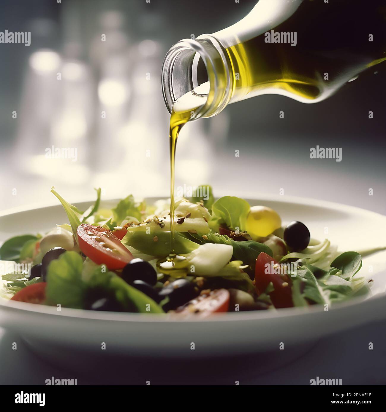 Food photography of drizzle olive oil on michelin restaurant gourmet