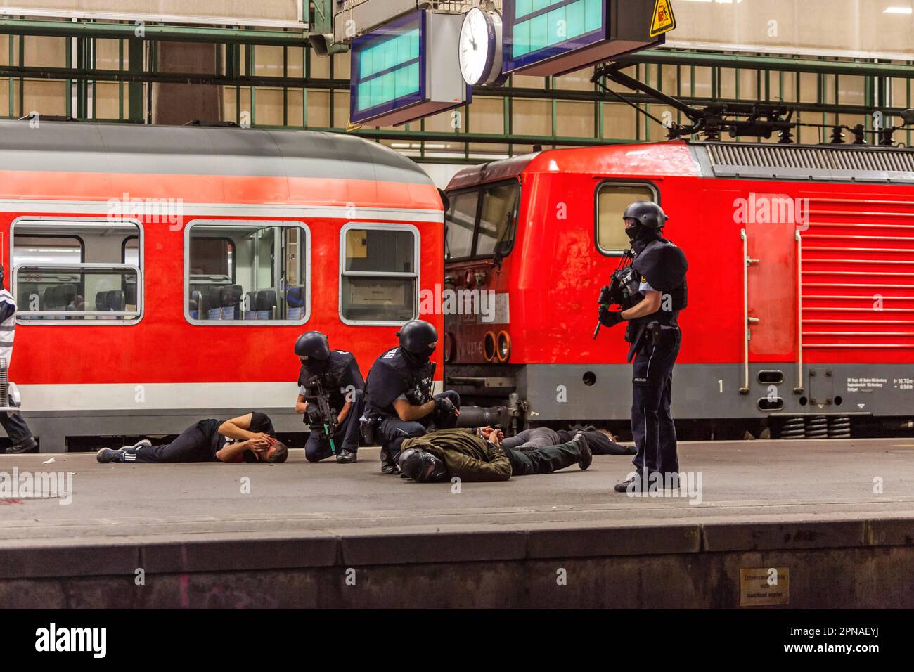 Anti-terror exercise at the main station, police, fire brigade, THW and railways rehearse the emergency case of a terror attack in a regional express Stock Photo