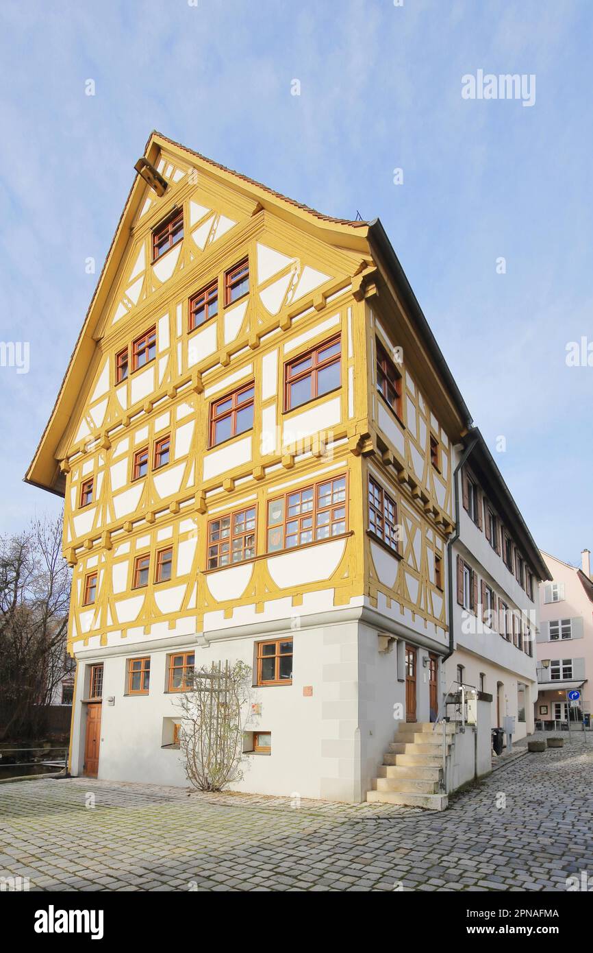 Yellow multi-storey half-timbered house Auf der Insel in Fischerviertel, Ulm, Baden-Wuerttemberg, Germany Stock Photo