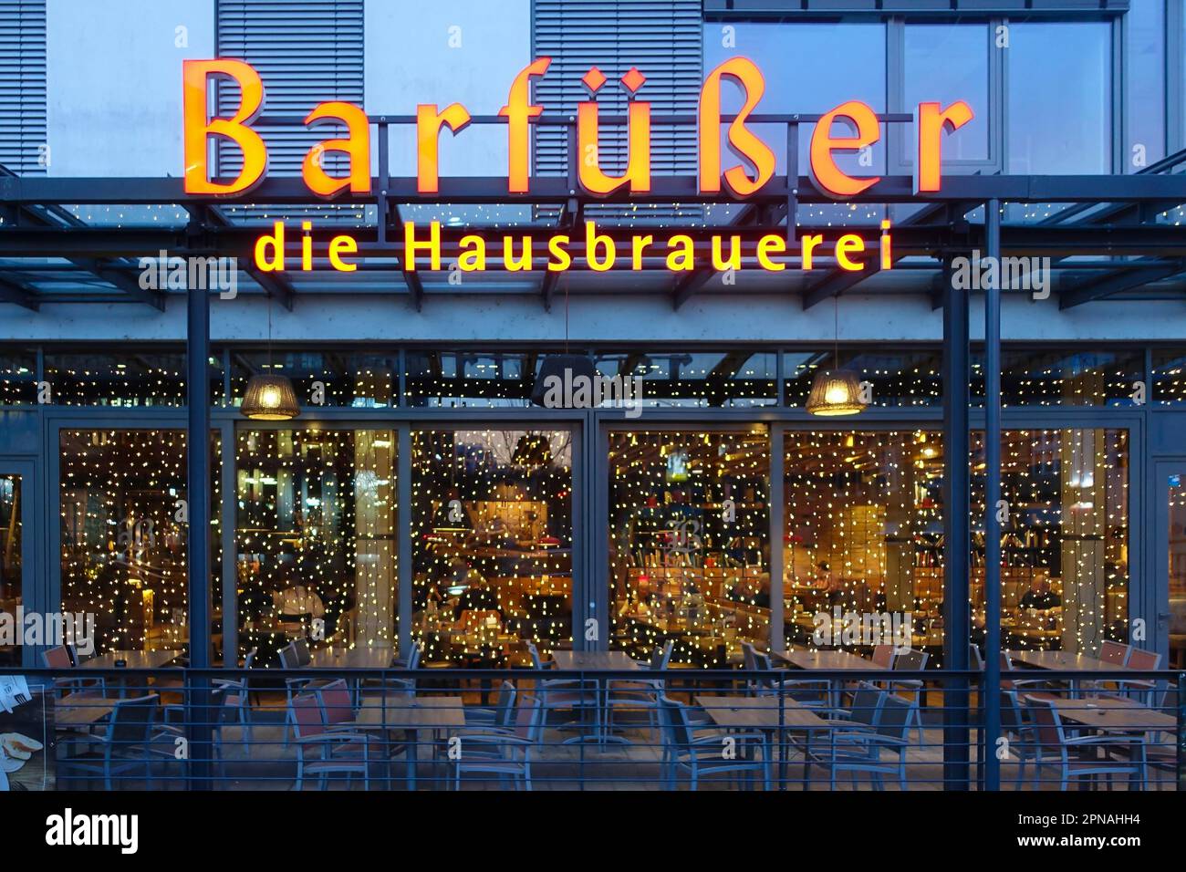Restaurant, pub, inn, illuminated lettering Barfuesser die Hausbrauerei