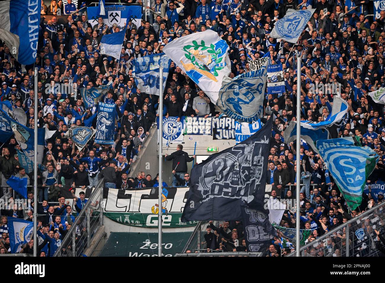Fan block Schalke 04, flags, banners, atmospheric, PreZero Arena, Sinsheim, BadenWuerttemberg