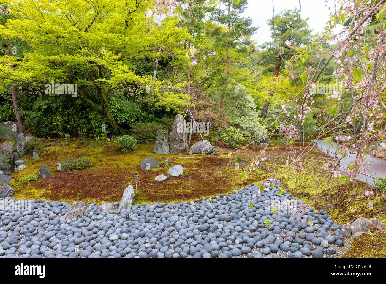 Hogon-in sub temple garden, dry pond garden representing sea of suffering, with buddha and two disciples rocks,Kyoto,Japan,2023 Stock Photo