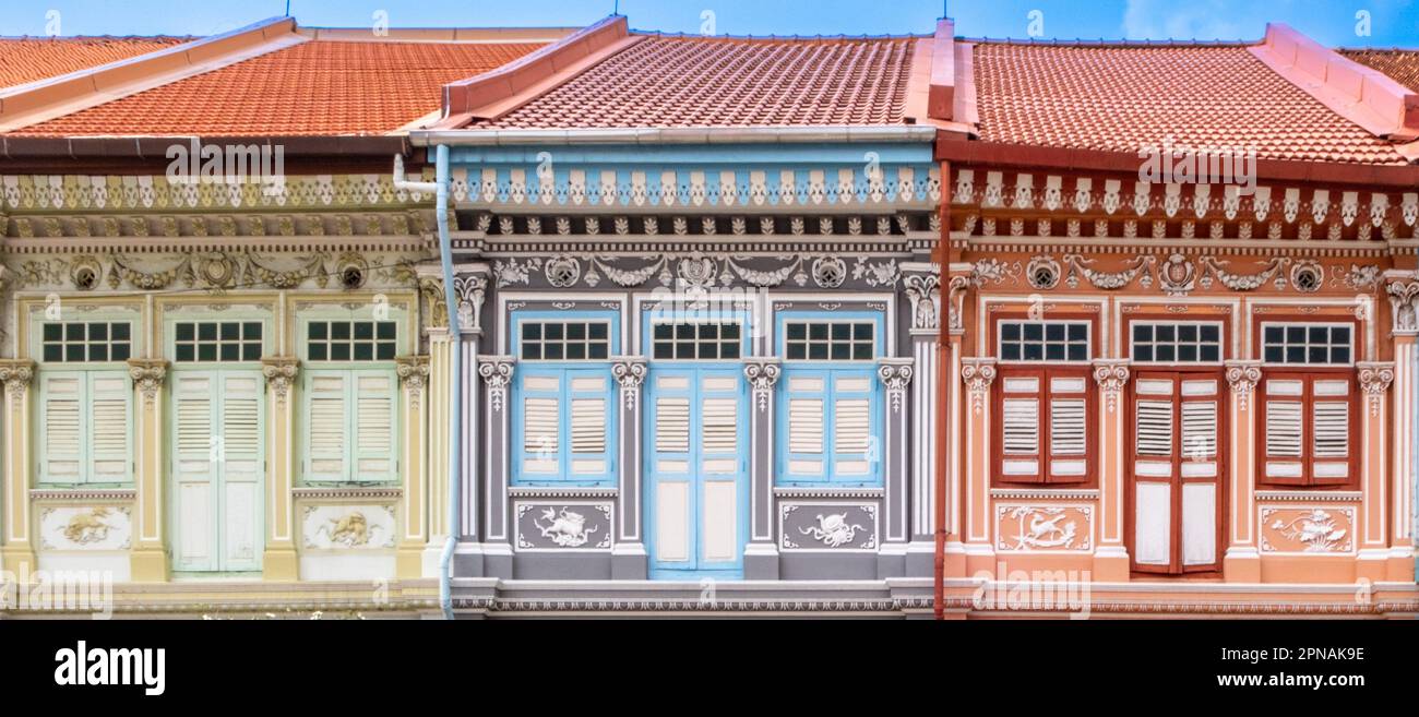 Colorful doors and windows on buildings in Singapore Stock Photo