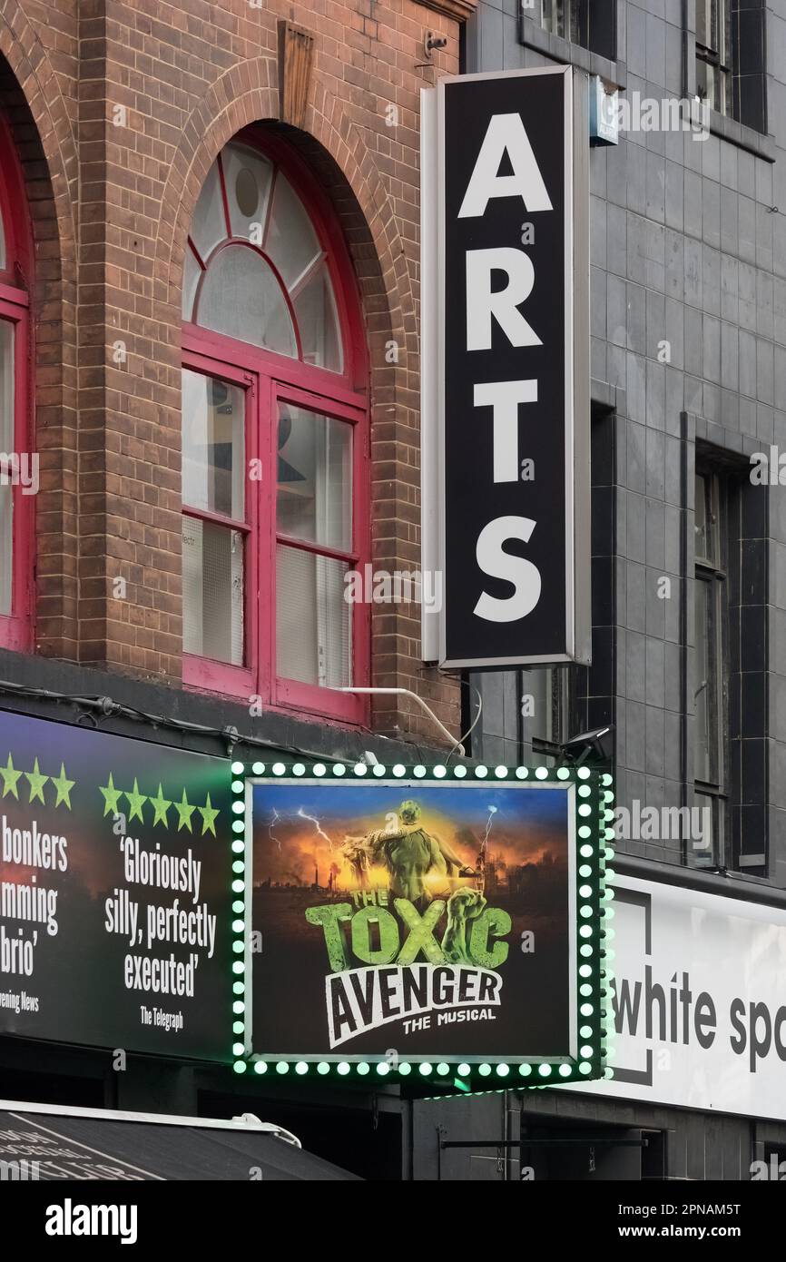 LONDON, UK - NOVEMBER 01, 2017:  Sign outside Arts Theatre in Great Newport Street with advertising poster for The Toxic Avenger Musical Stock Photo