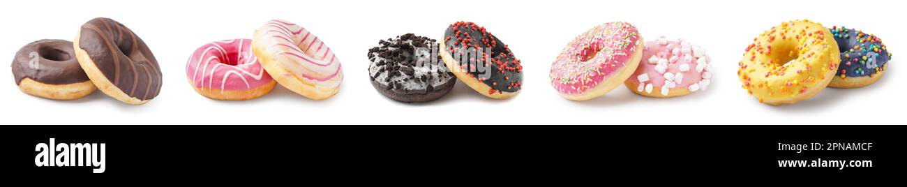 Set of different sweet donuts on white background Stock Photo - Alamy