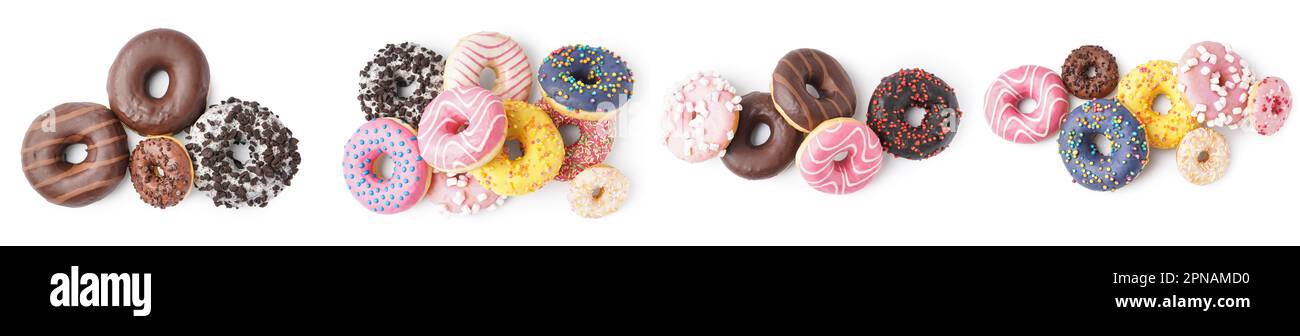 Set of different sweet donuts on white background, top view Stock Photo ...