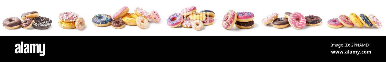 Set of different sweet donuts on white background Stock Photo - Alamy