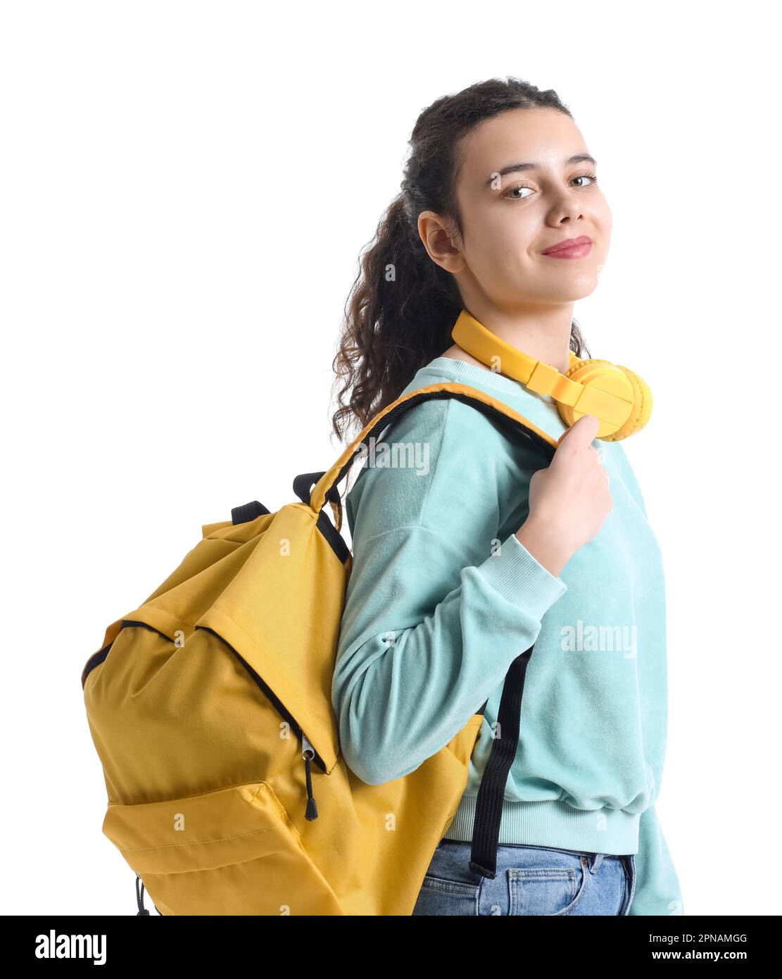 Female student with headphones and backpack on white background Stock ...