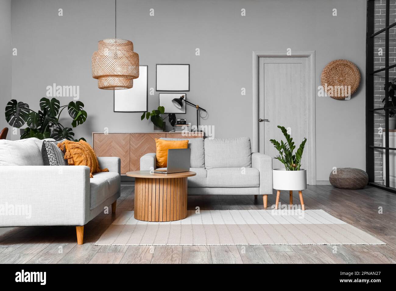 Interior of living room with green houseplants and sofas Stock Photo ...