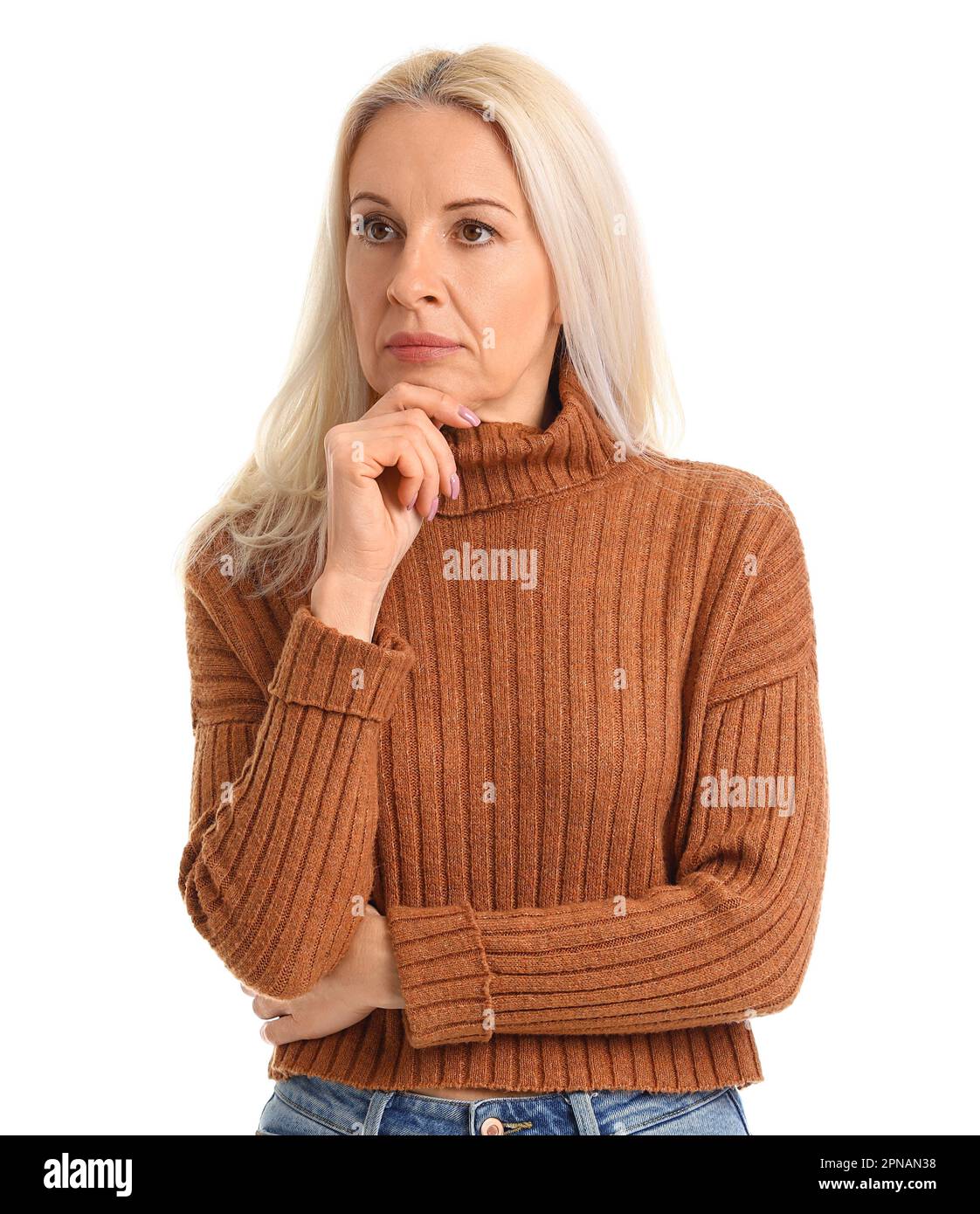 Nervous mature woman in sweater hi-res stock photography and images - Alamy