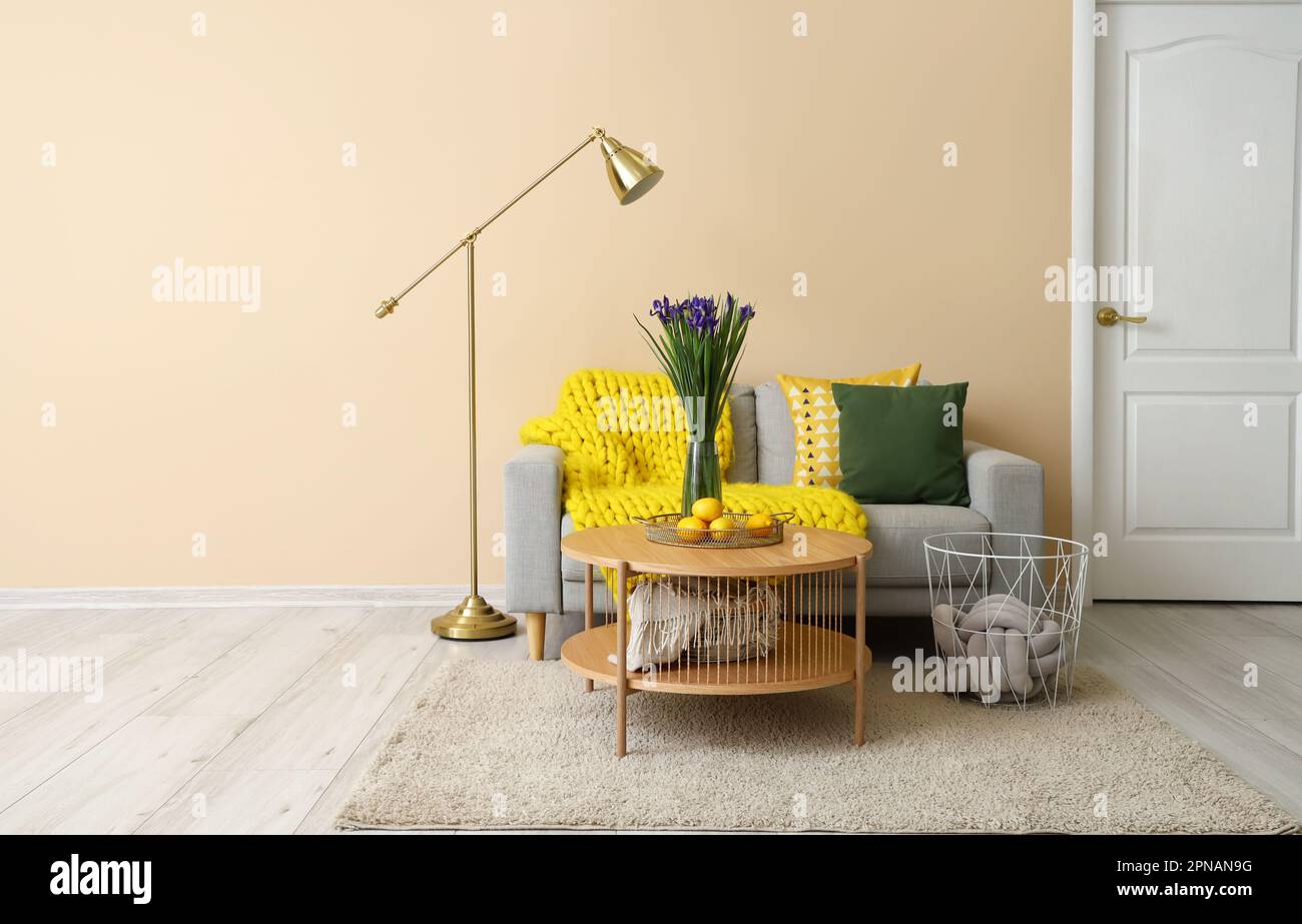 Interior of living room with grey sofa, table and lamp Stock Photo - Alamy