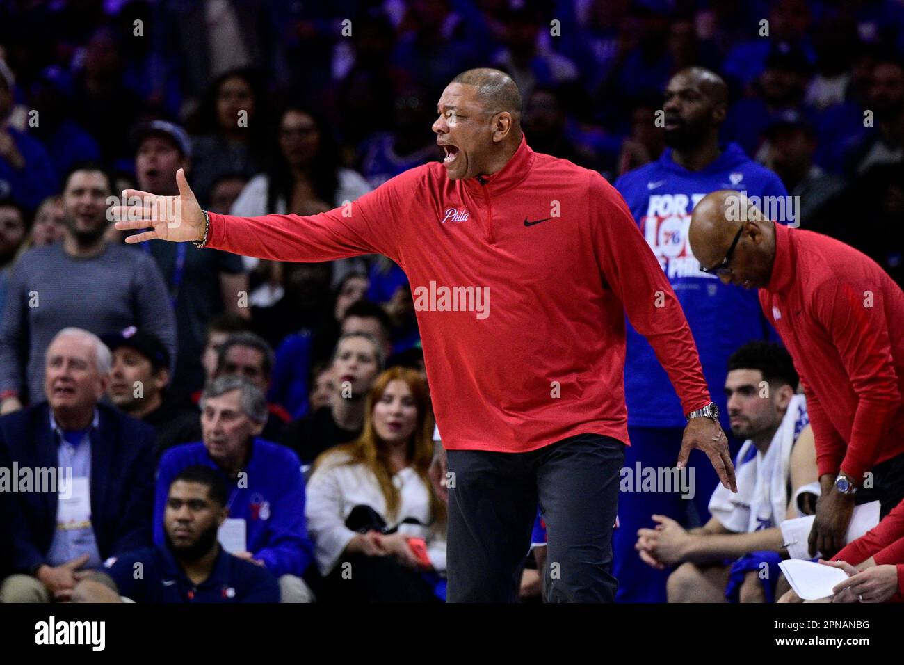 Philadelphia 76ers head coach Doc Rivers in action during Game 2 in the