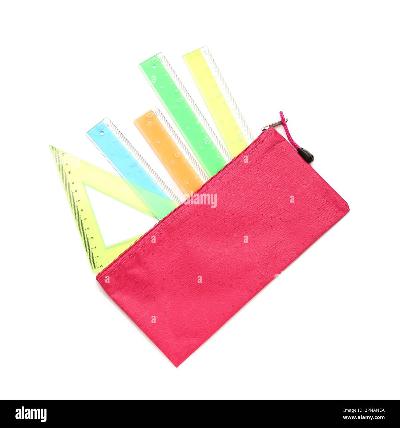 Colorful rulers and pencil case on white background Stock Photo - Alamy