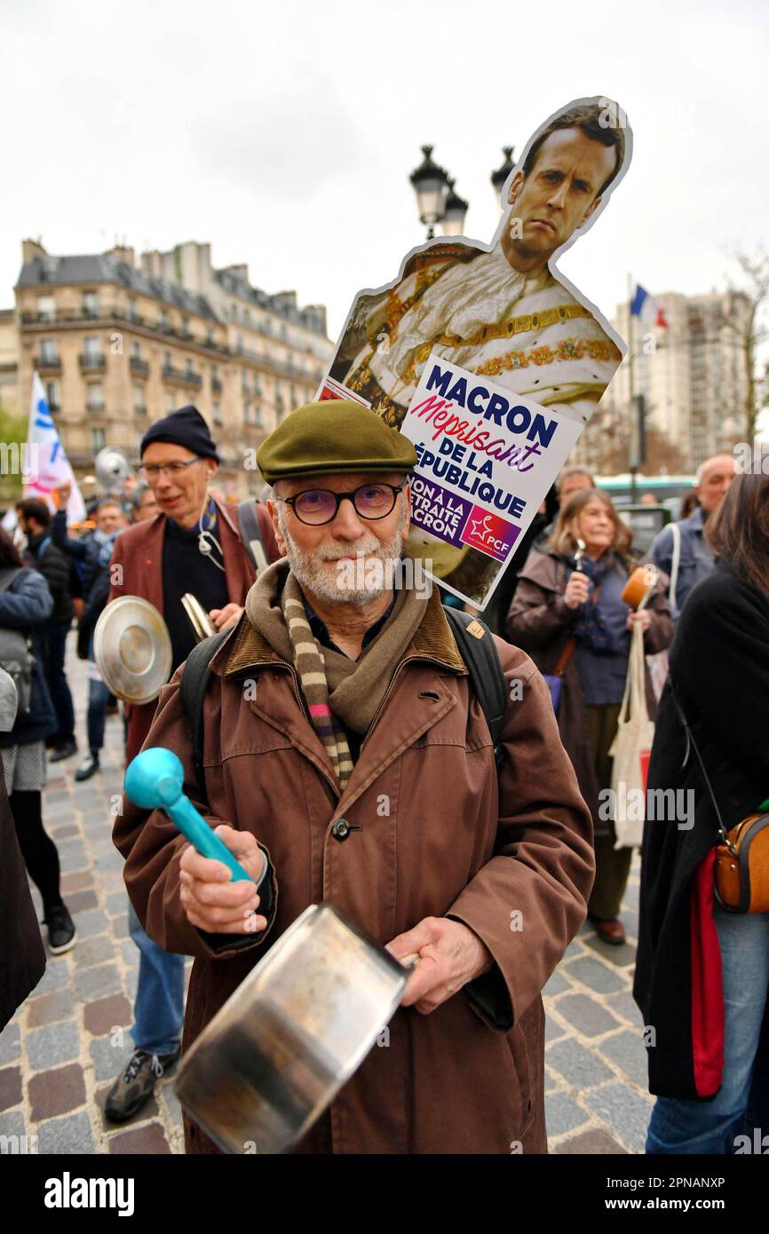 Paris, France. 17th Apr, 2023. Demonstrators Take Part In A Pan-banging ...