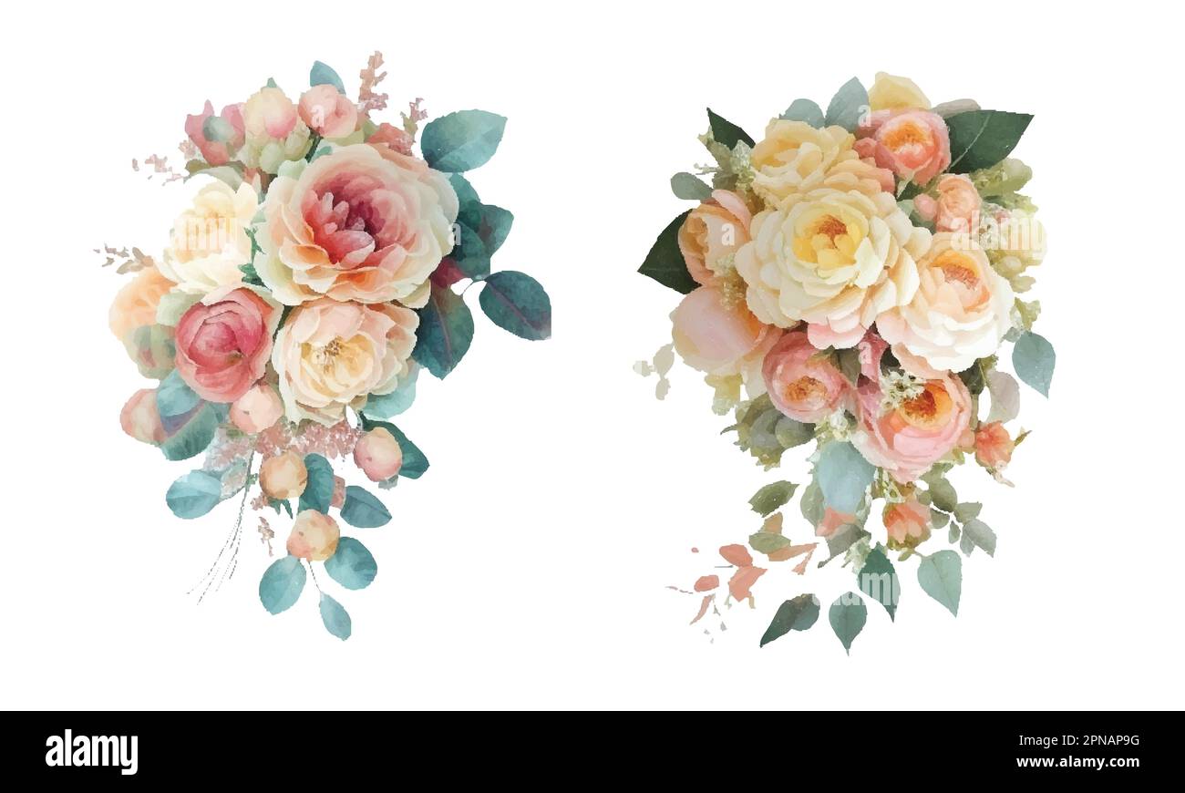 Dusty pink blush, white and creamy rose flowers vector design wedding bouquets. Eucalyptus, greenery. Floral pastel watercolor style. Blooming spring Stock Vector
