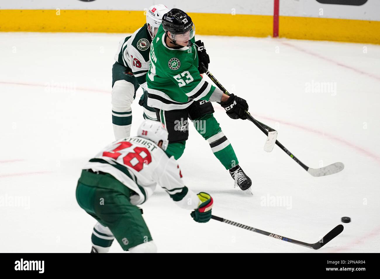 Dallas Stars center Wyatt Johnston (53) takes a shot as Minnesota Wild