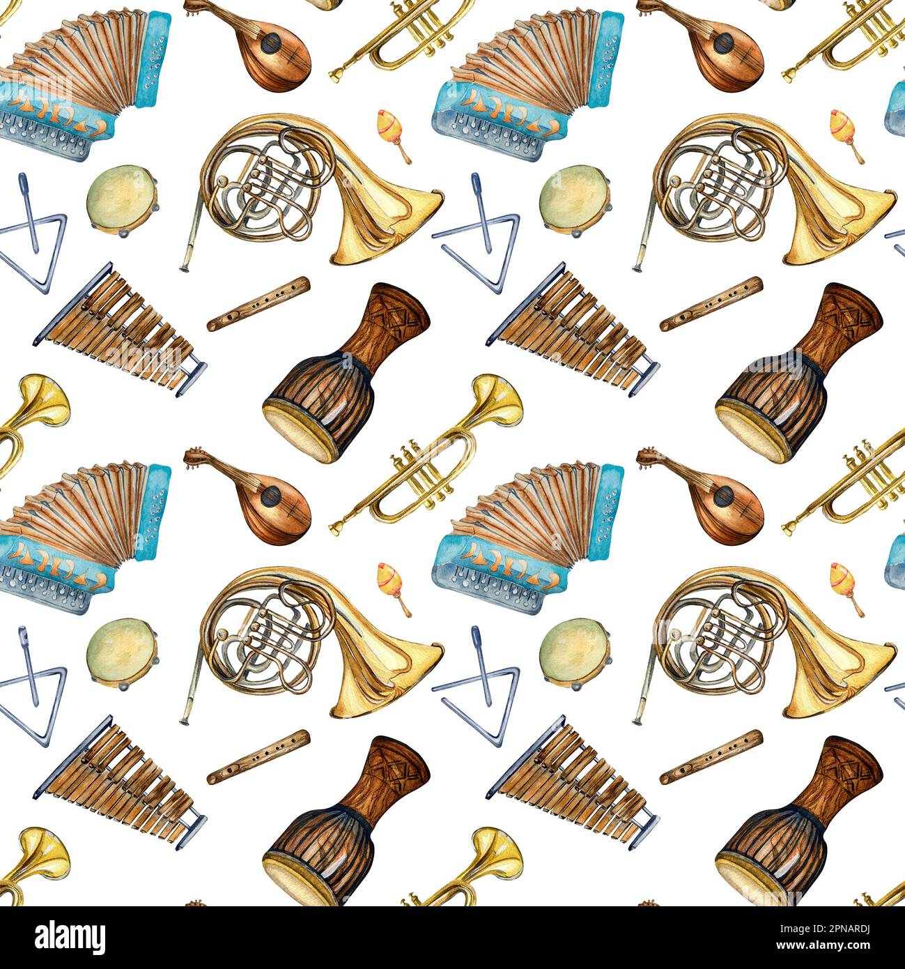 Musical instruments seamless pattern watercolor isolated on white. Folk