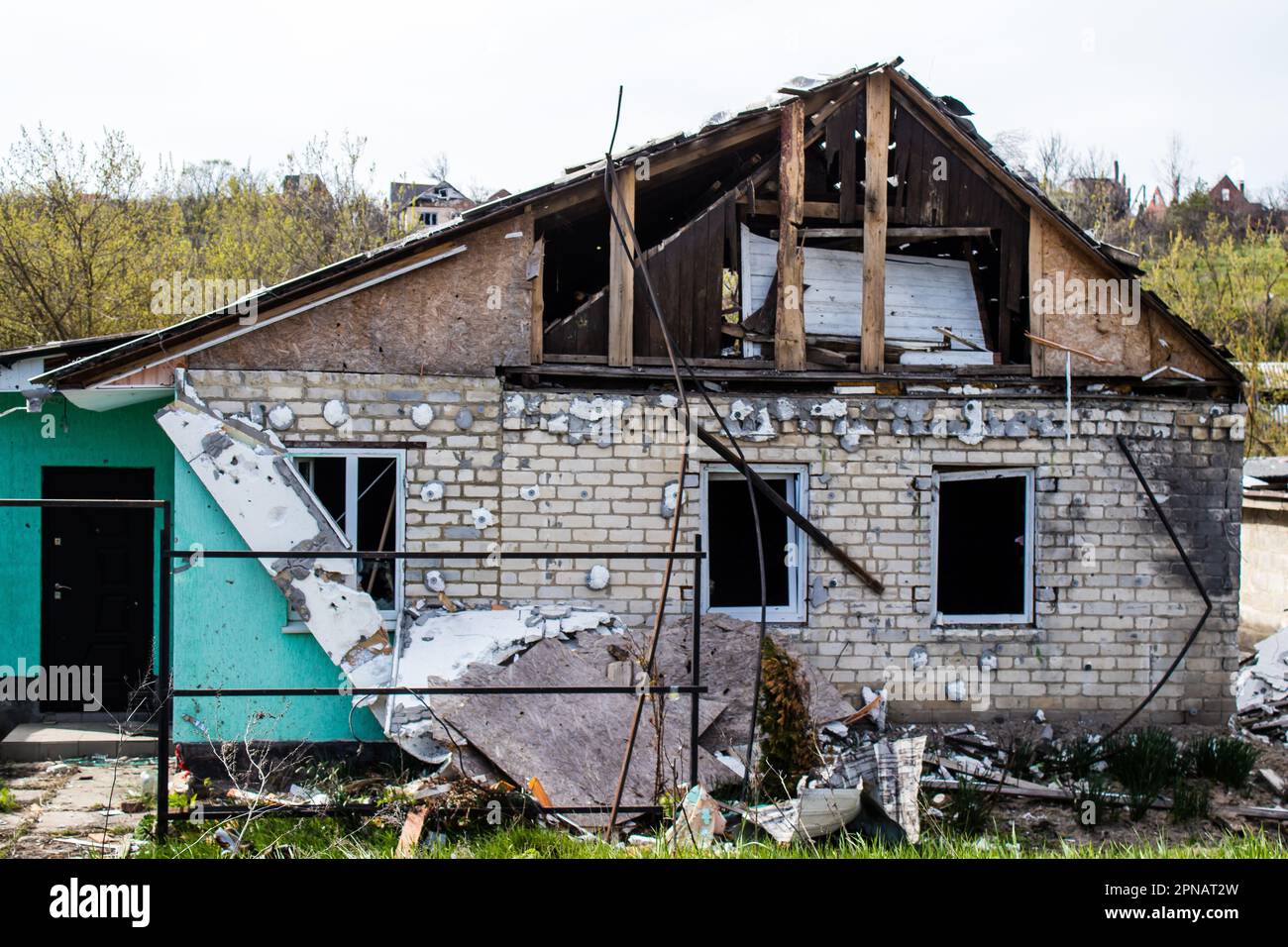 Destroyed houses located in the village of Bohorodychne, Donesk Oblast