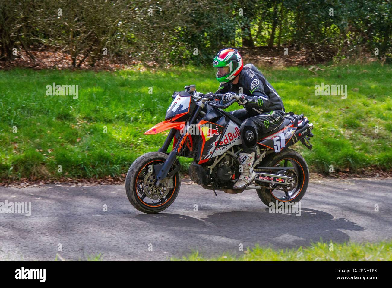 Rider 51 Sean Kevin Duxbury riding a 2005 KTM 950SM 950cc modern Supermoto competing at the 2023 HOGHTON TOWER  Lancashire Motorcycle Sprint Course 1/8th timed mile drive event. UK Stock Photo
