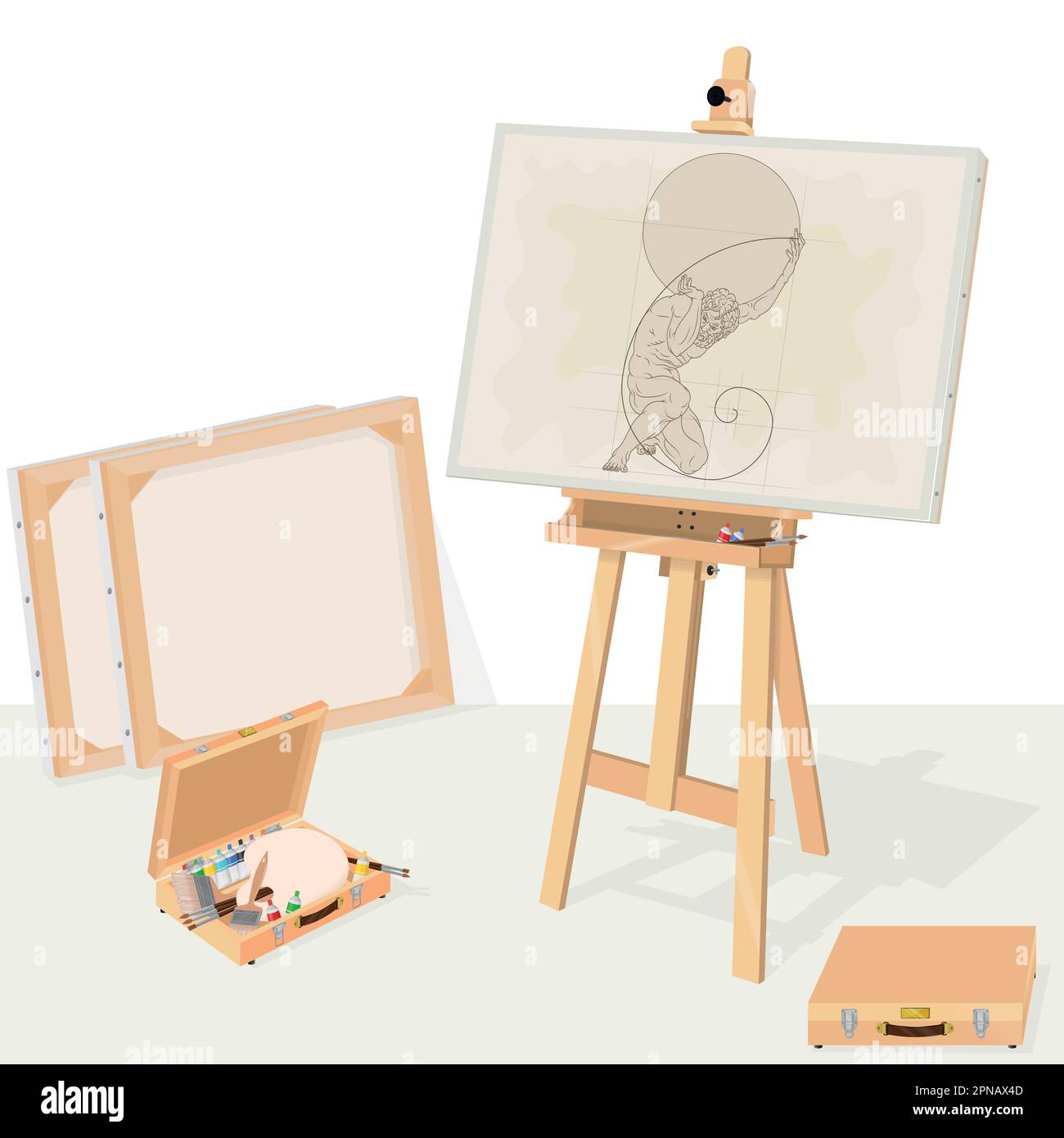 Vector design of an art studio, easel with vintage artwork, Titan atlas sketch with gold spiral, classic artwork on canvas Stock Vector