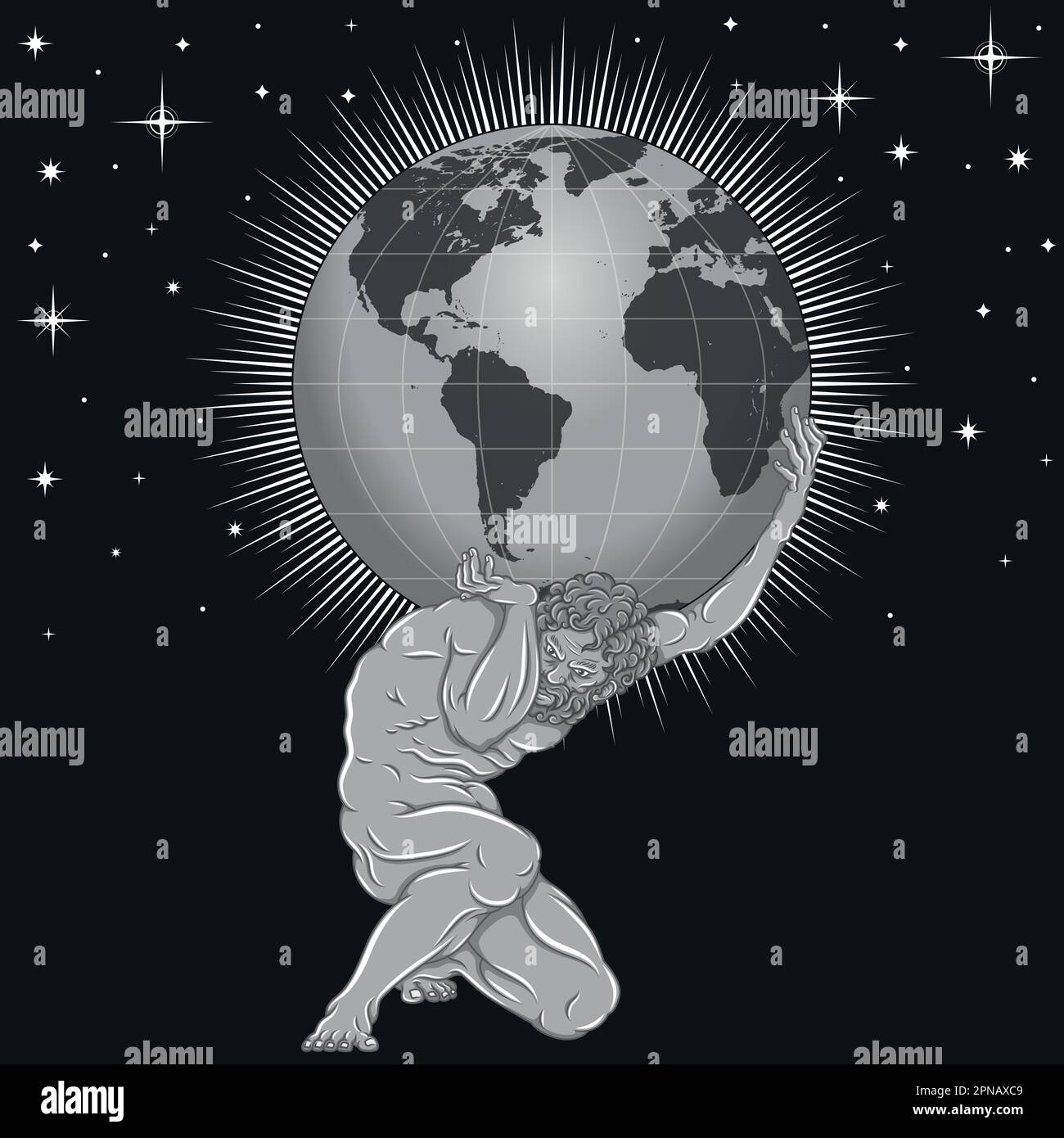 Vector design of titan Atlas holding planet earth on his shoulders, titan from greek mythology holding earth sphere with starry background Stock Vector