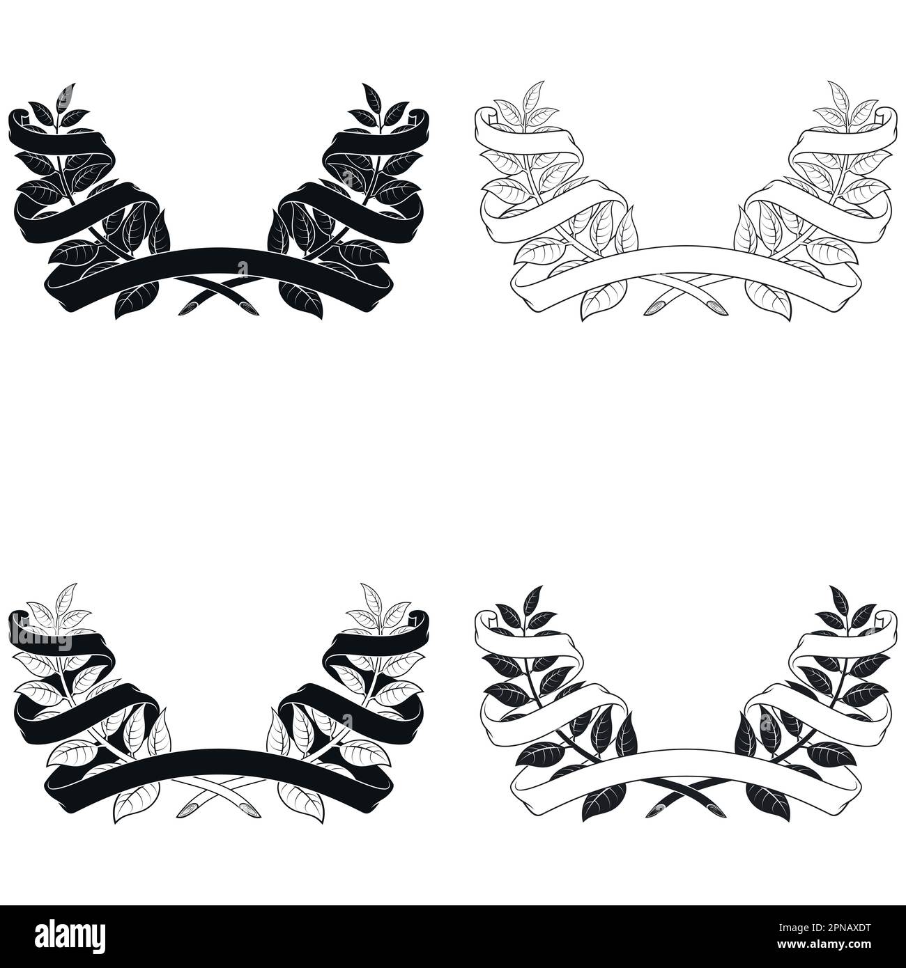 Vector design of laurel wreath surrounded by ribbon, two olive branches decorated with ribbon Stock Vector