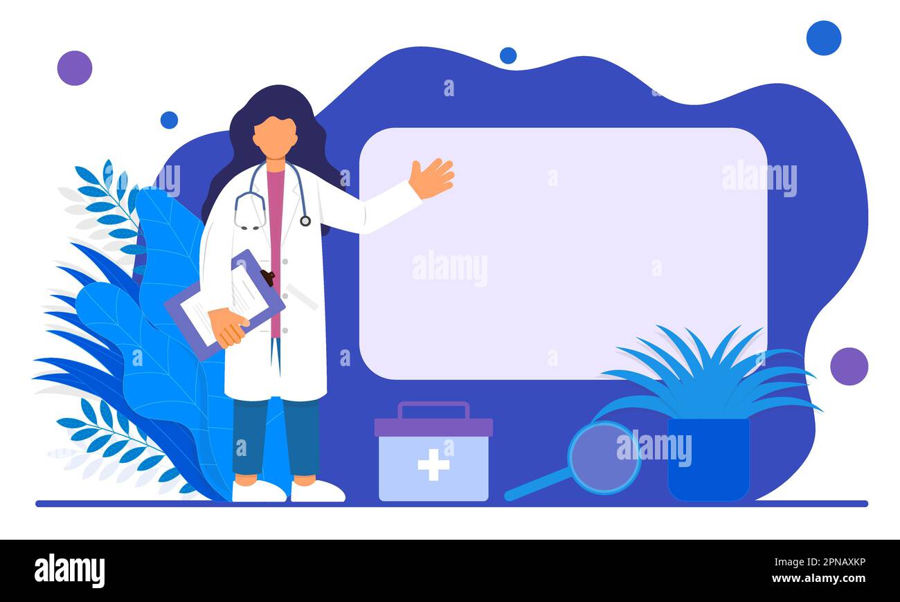 Vector flat illustration of female doctor pointing to whiteboard Stock Vector
