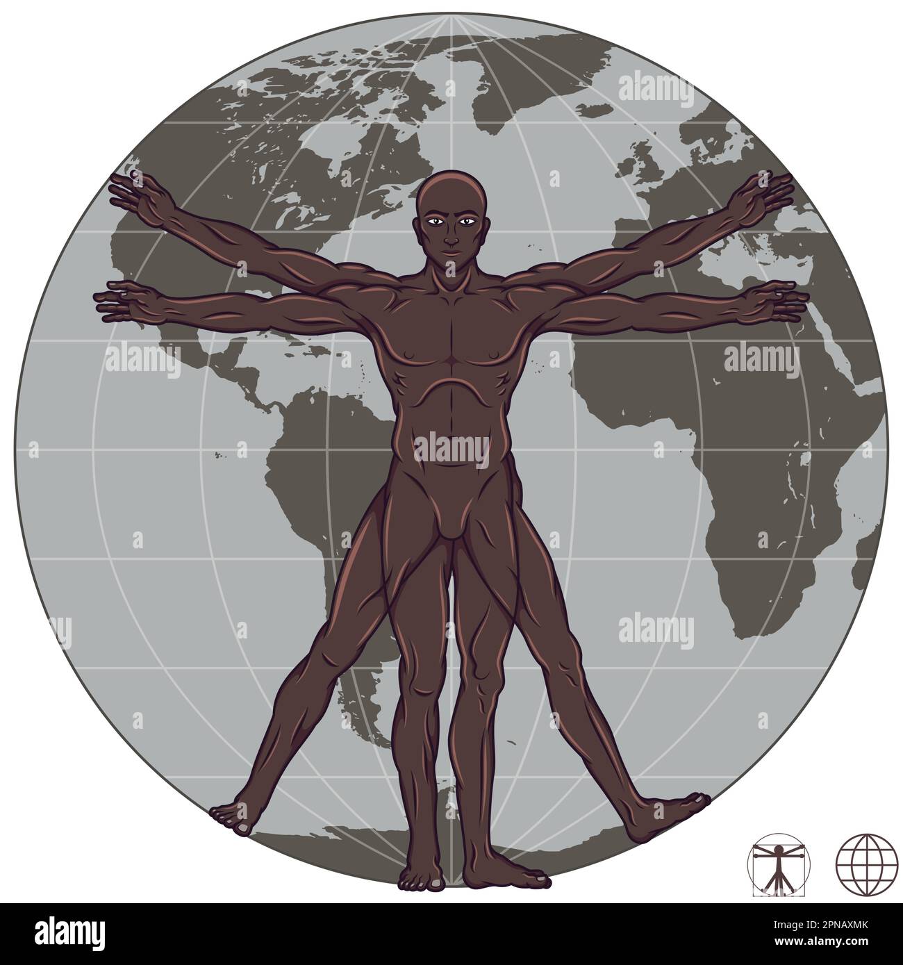 Vector design of Leonardo da Vinci's Vitruvian Man, Study of the Ideal Proportions of the Human Body, with planet Earth in the background Stock Vector