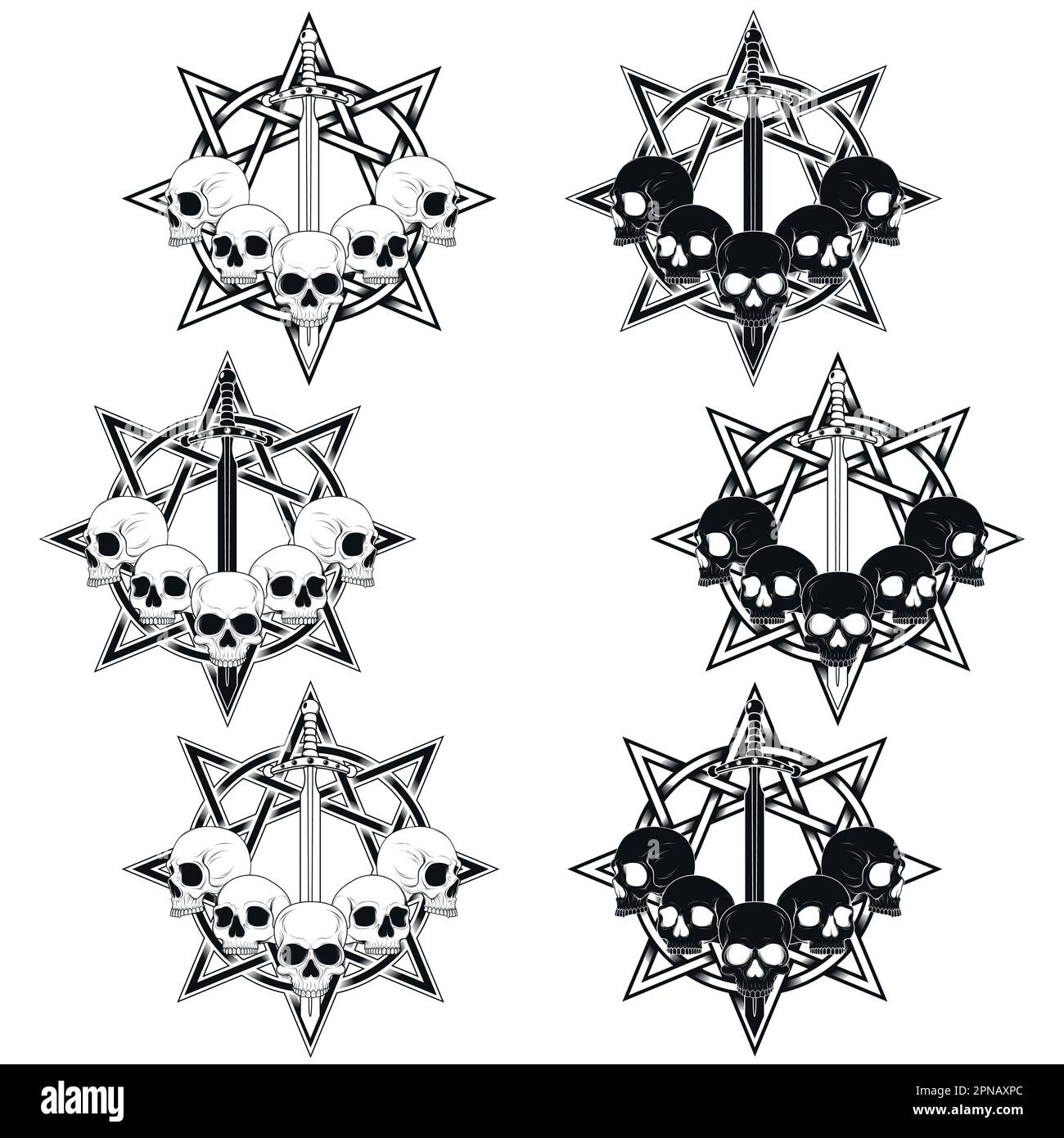 Illustration of skulls with sword and 8-pointed star in the background, traditional art, grayscale Stock Vector