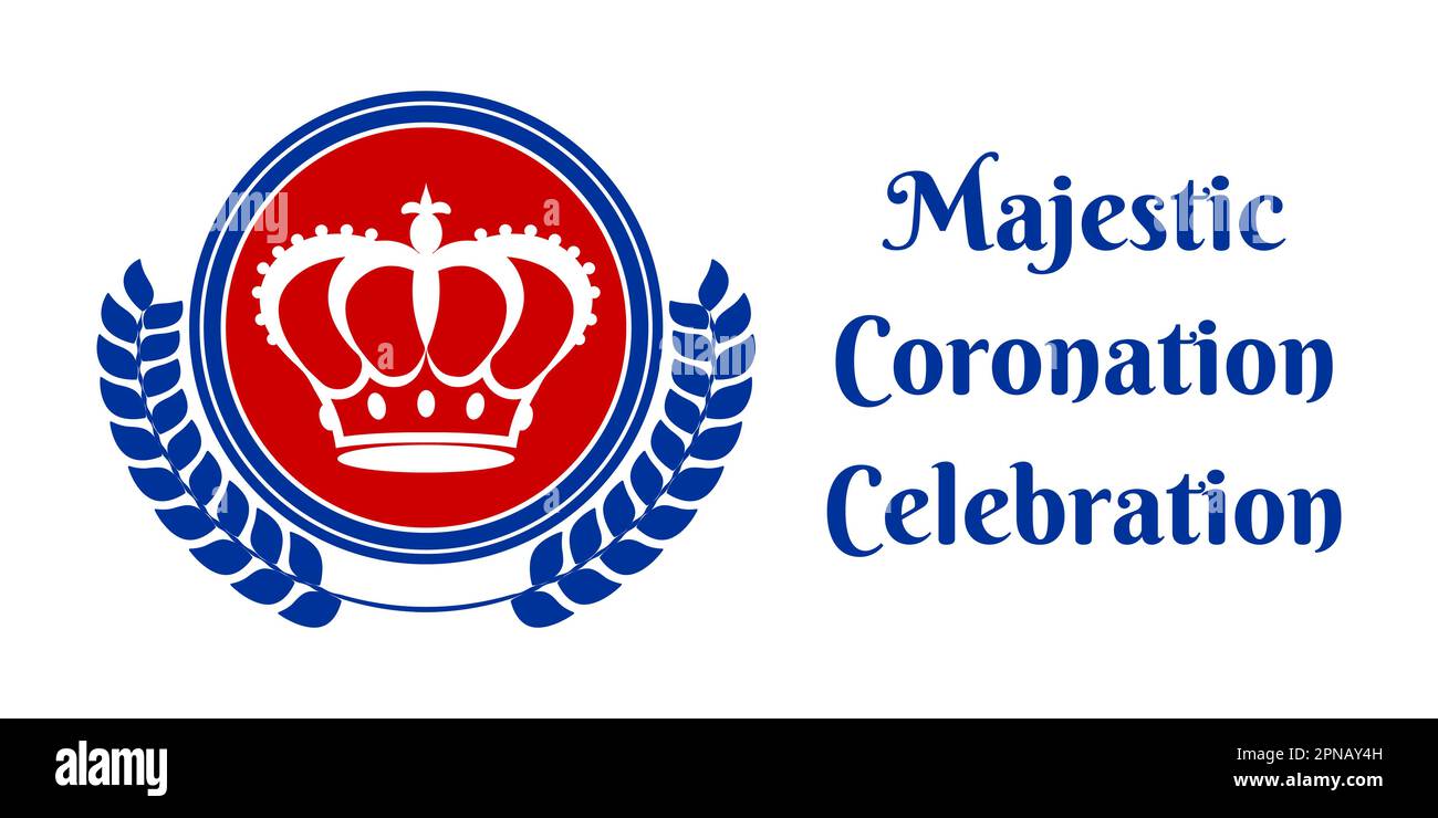 Festive banner for the coronation of the king. Background with an inscription Majestic Coronation Celebration. White, red, blue colors. Vector Stock Vector