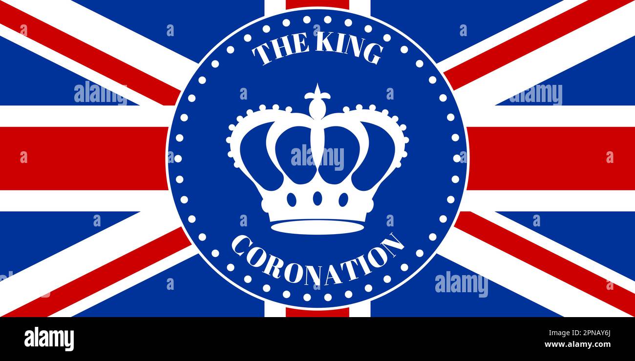 Badge with an outline of the crown on the background of the British flag. Background in honor of the coronation of the king. White, red, blue colors Stock Vector