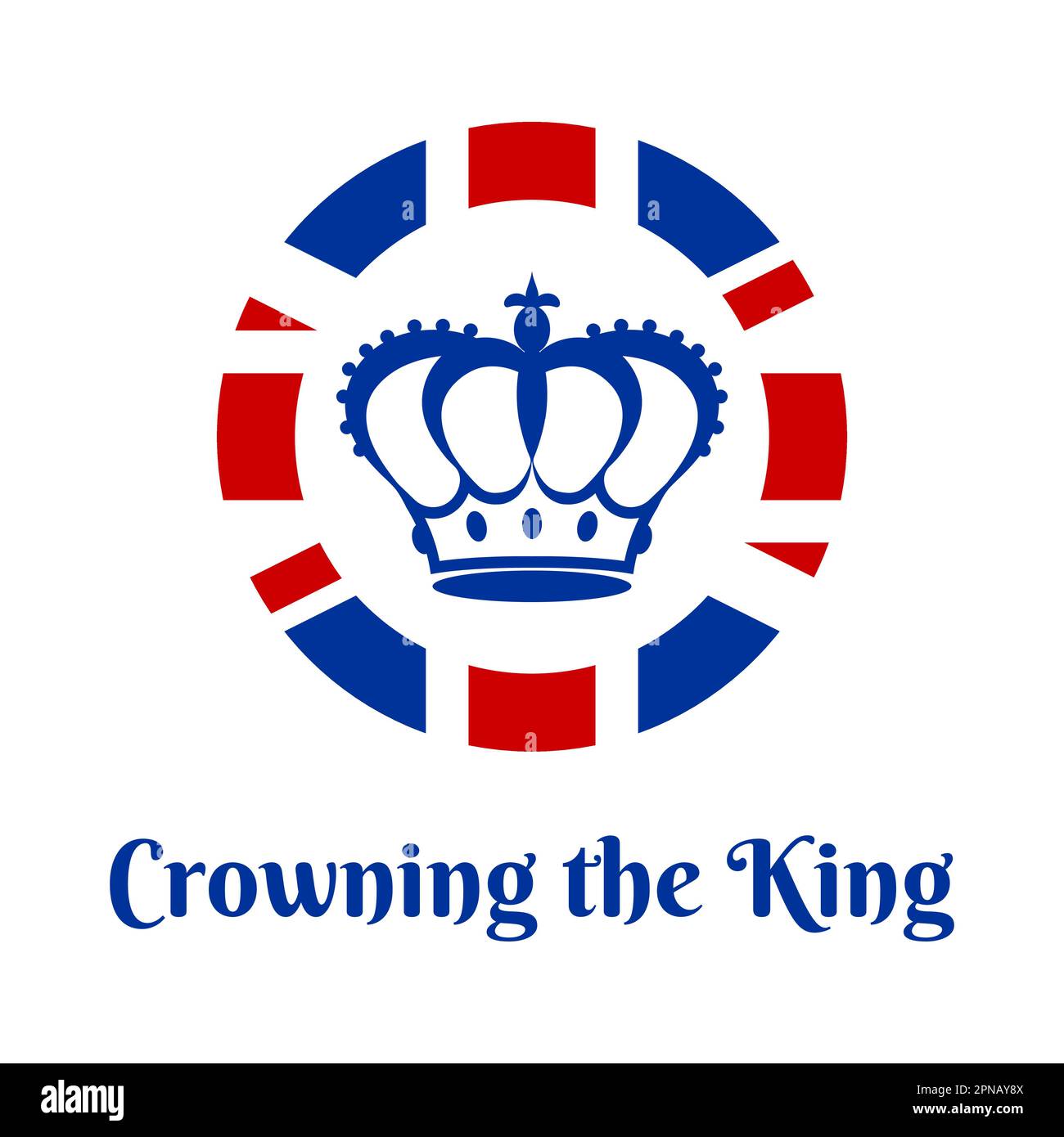 Greeting card in honor of the coronation. Congratulatory background with crown silhouette and text Crowning the King. White, red, blue colors. Vector Stock Vector