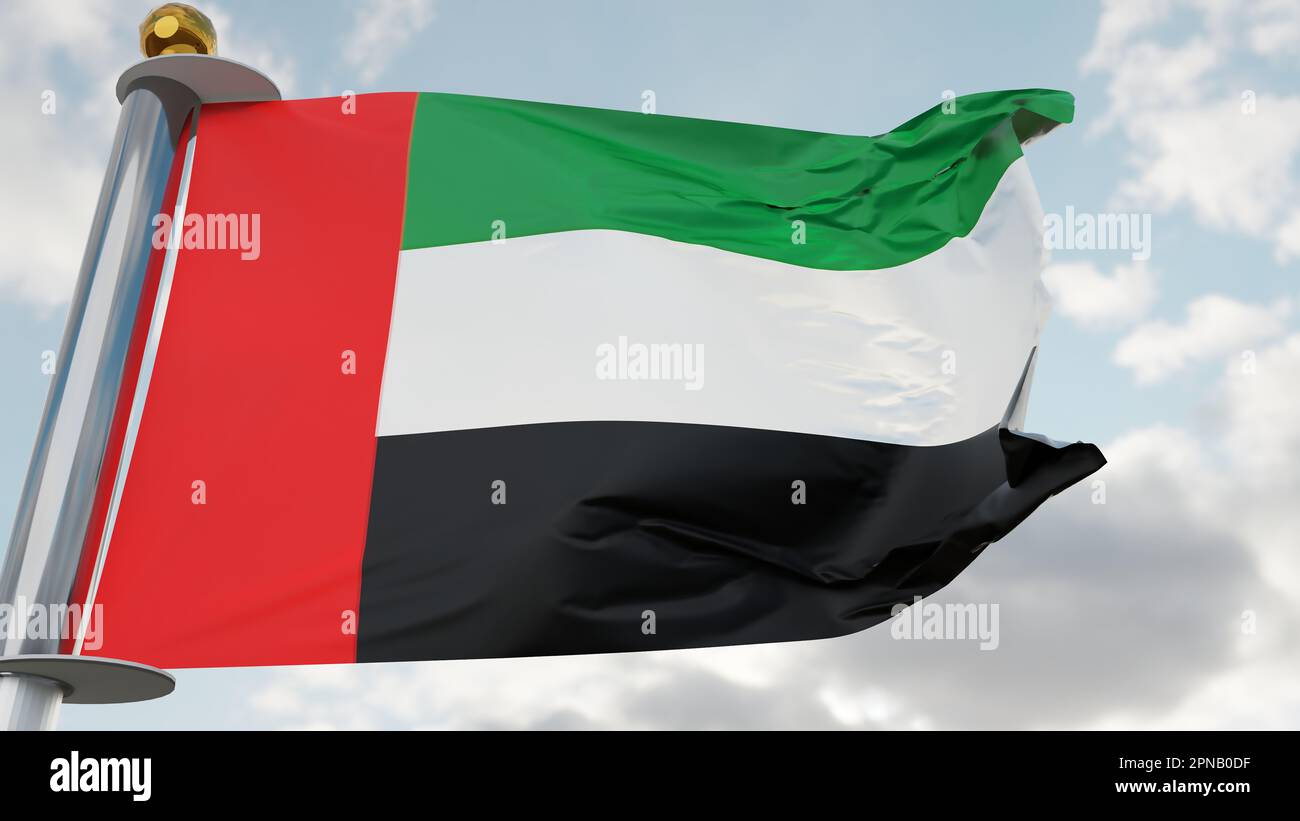 Flag of United Arab Emirates Waving in the wind, uae National flag wave, fabric texture, close-up, 3d render Stock Photo