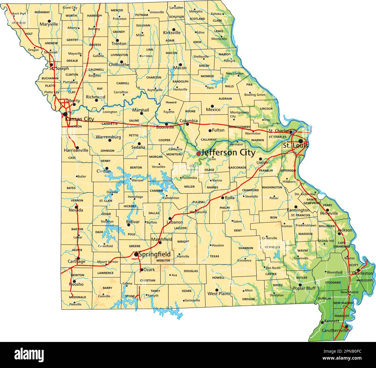 High Detailed Missouri Physical Map With Labeling Stock Vector Image High Detailed Missouri Physical Map With Labeling 2PNB0PC