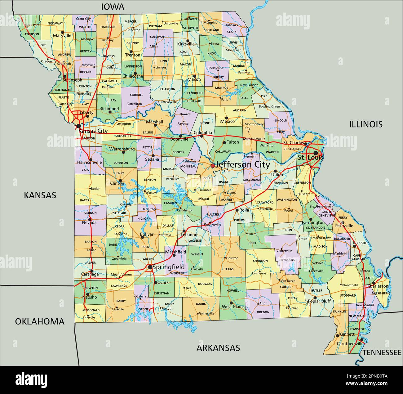 Missouri - Highly detailed editable political map with labeling Stock ...