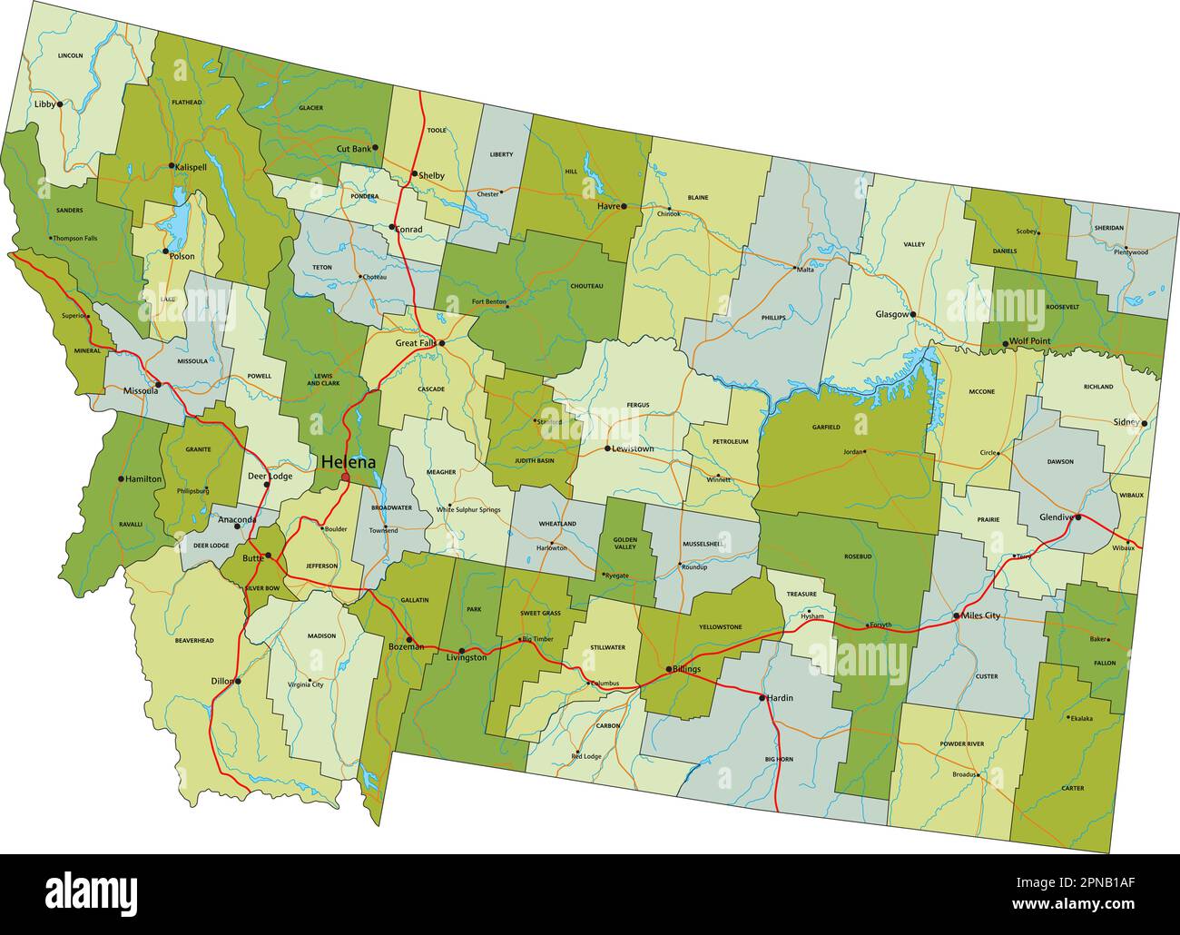 Highly detailed editable political map with separated layers. Montana ...