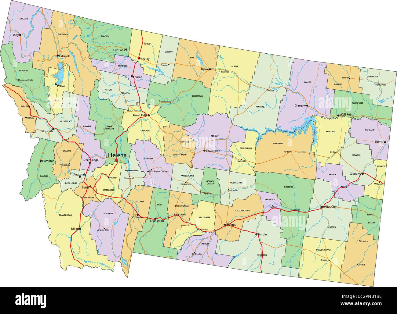 Montana - Highly detailed editable political map with labeling Stock ...