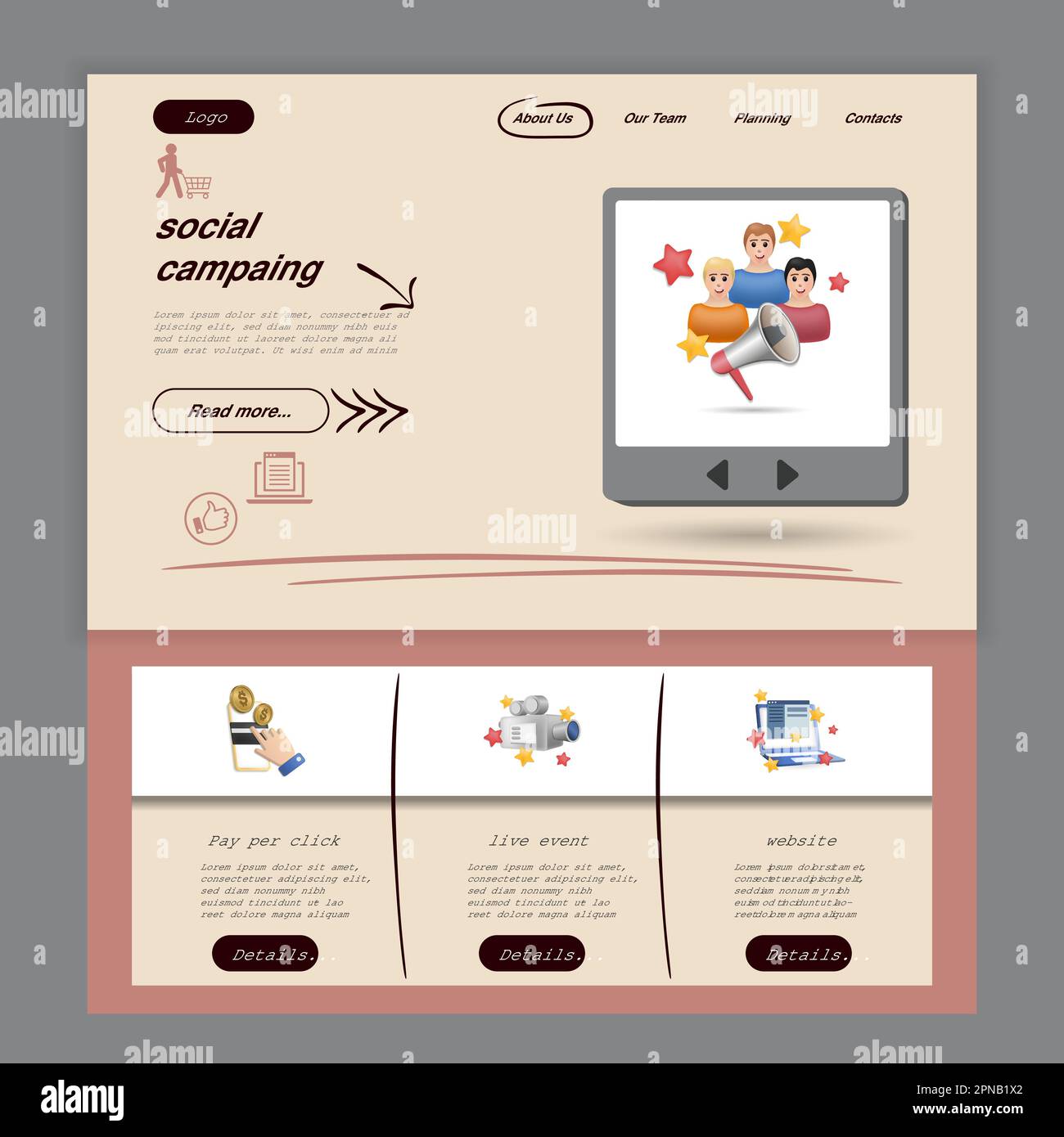 Social campaign flat landing page website template. Pay per click, live ...