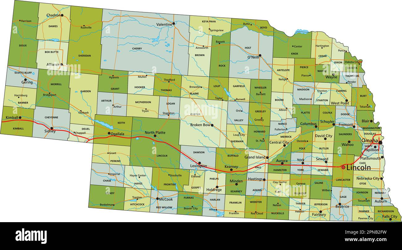 Highly Detailed Editable Political Map With Separated Layers Nebraska Highly Detailed Editable Political Map With Separated Layers Nebraska 2PNB2FW