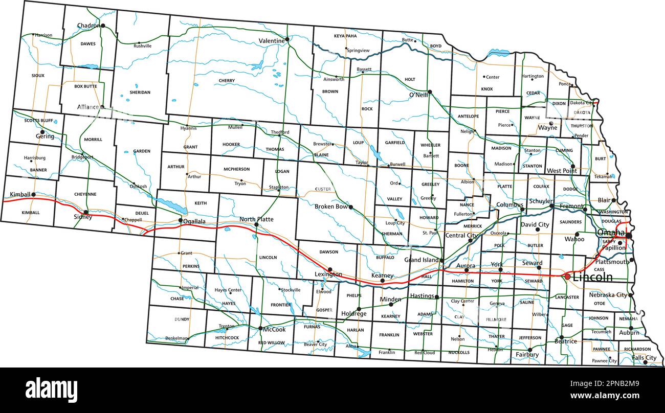 Nebraska road and highway map. Vector illustration. Stock Vector