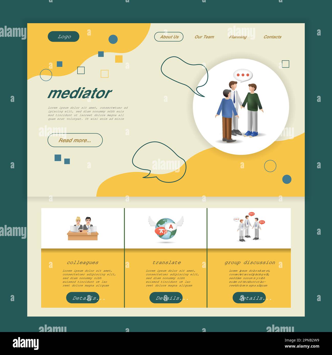 Mediator flat landing page website template. Colleagues, translate Mediator flat landing page website template. Colleagues, translate