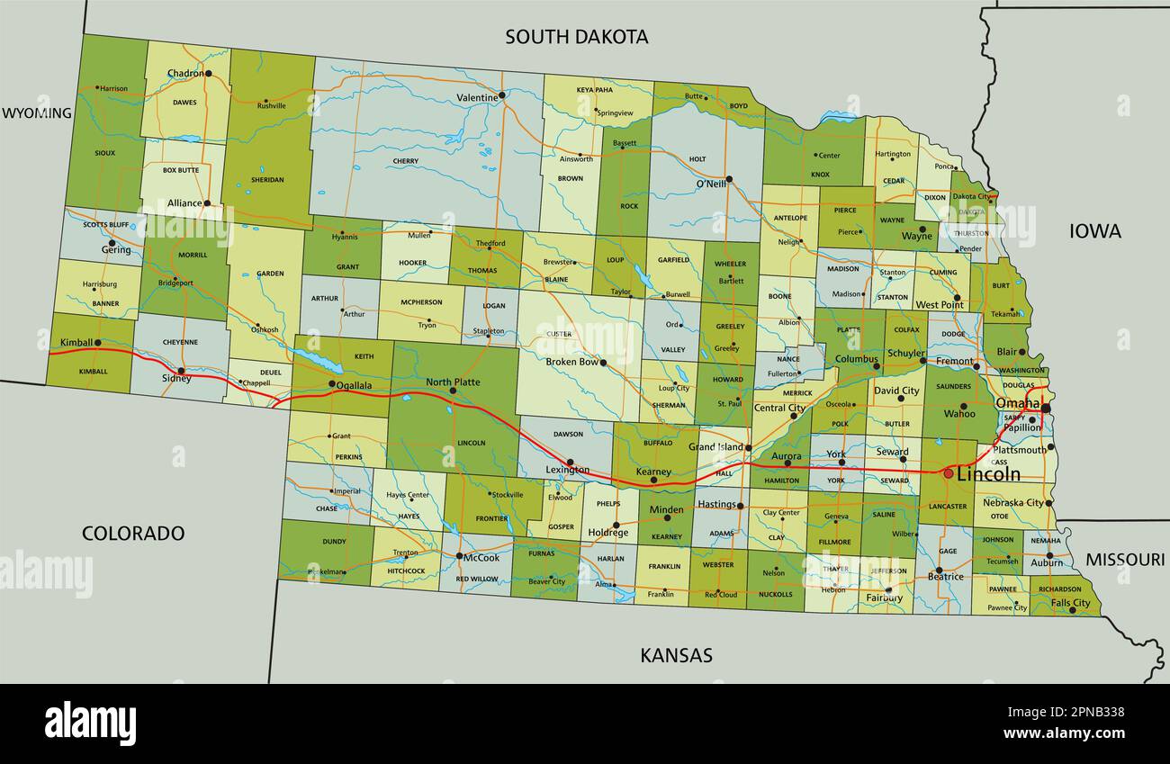Highly Detailed Editable Political Map With Separated Layers Nebraska Highly Detailed Editable Political Map With Separated Layers Nebraska 2PNB338