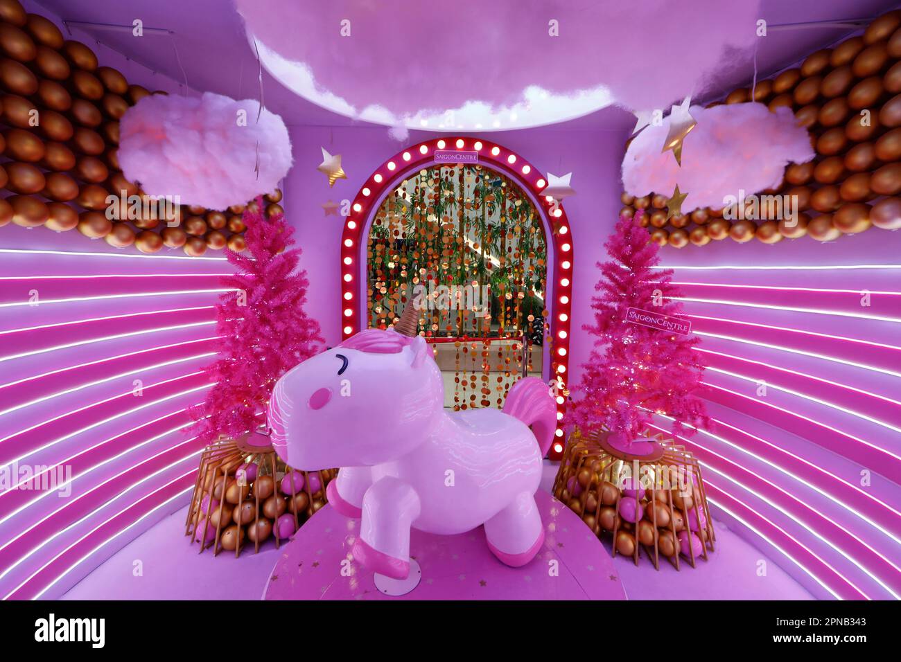 Pink christmas decoration in a shopping mall.  Ho Chi Minh City. Vietnam. Stock Photo