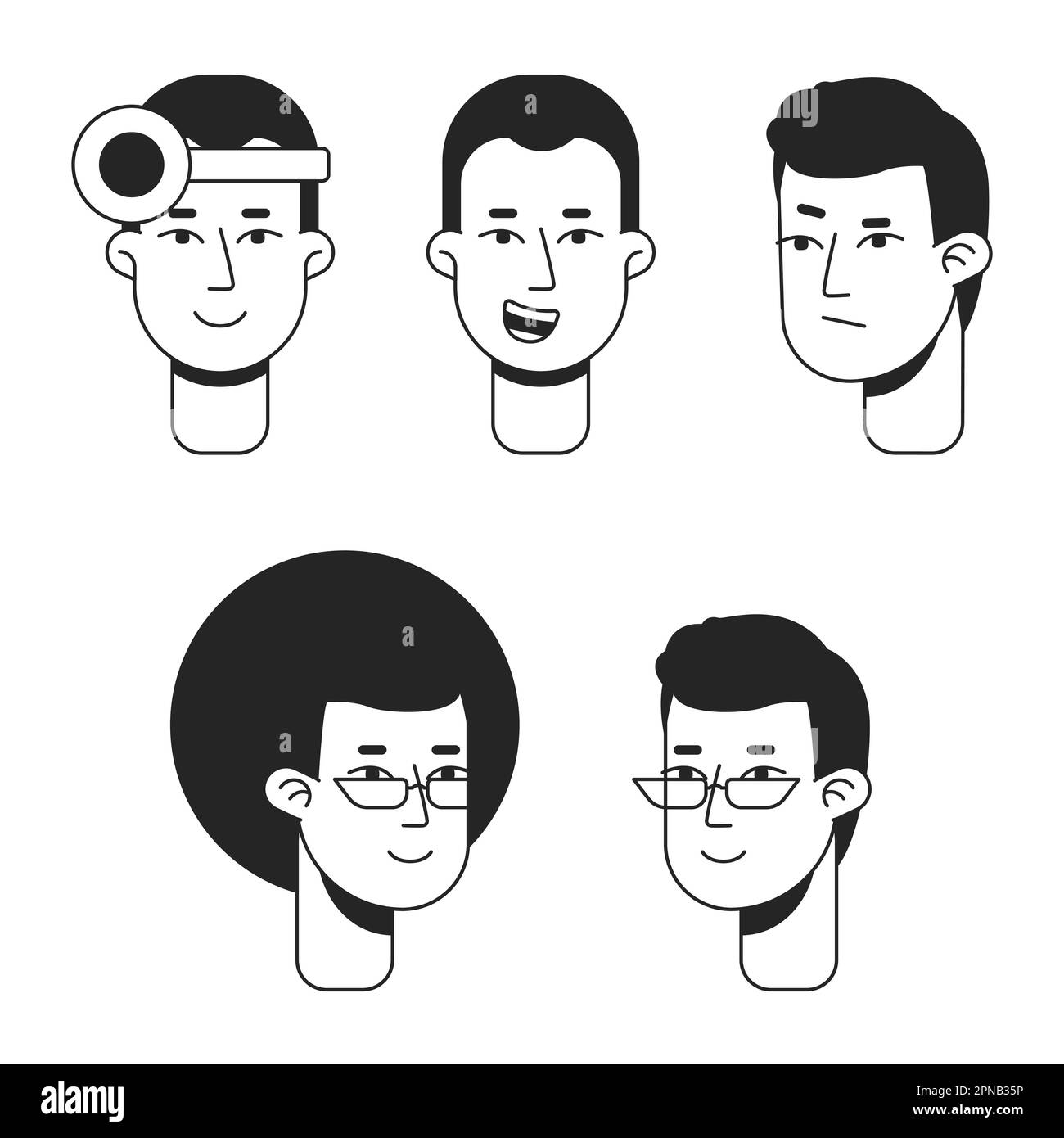 Happy Short Haired Men Flat Line Monochromatic Vector Character Heads Set Stock Vector Image 