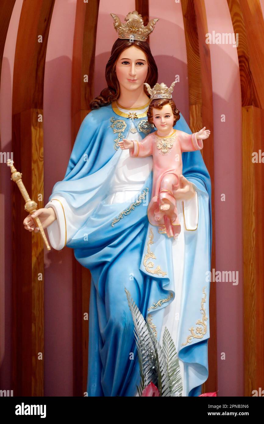 Crowned Virgin Mary and child statue. Ho Chi Minh City. Vietnam. Stock Photo