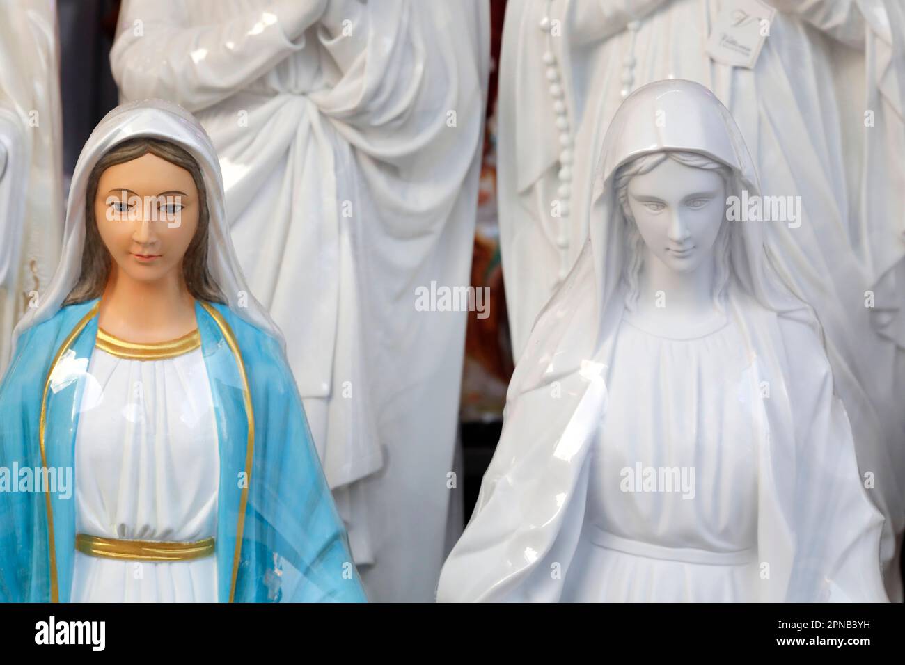 Religious shop. Christian items and souvenirs. Virgin Mary statues. Ho