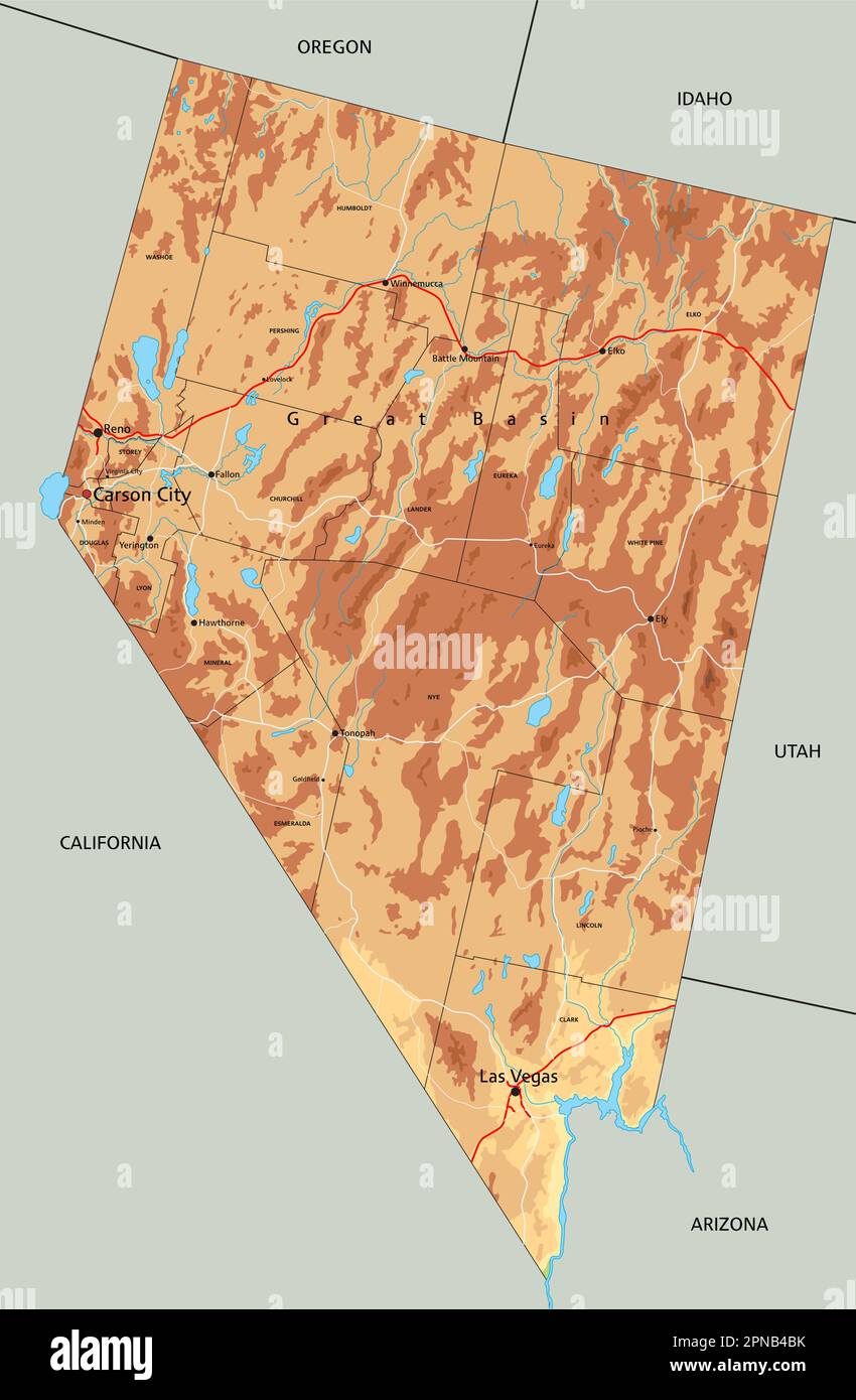 High Detailed Nevada Physical Map With Labeling Stock Vector Image High Detailed Nevada Physical Map With Labeling 2PNB4BK