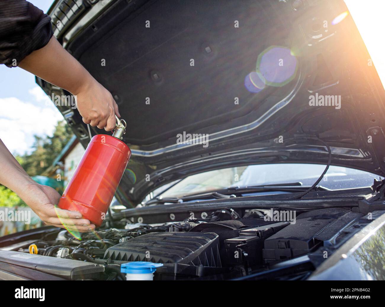 The driver of the car directs a powder fire extinguisher at the engine